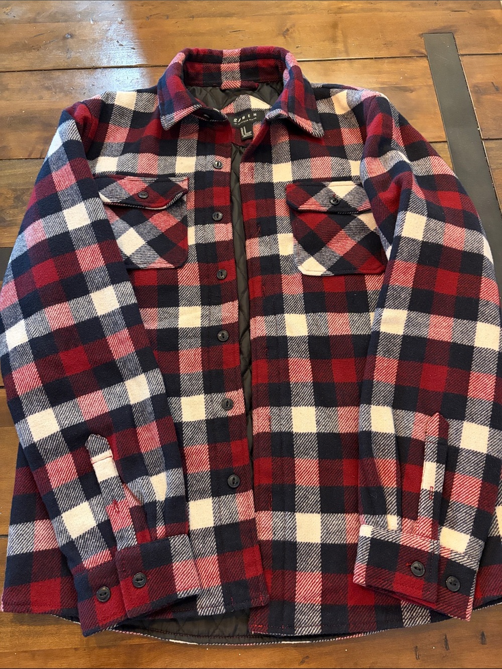 21 Men’s 40% wool Plaid Button-Up Jacket in Red, Navy & White
